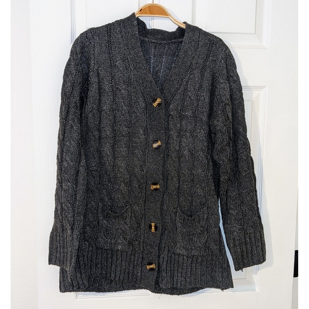 Chunky Cable Knit Sweater Cardigan Gray Pockets Gray Buttons Wool Blend S‎ NWOT